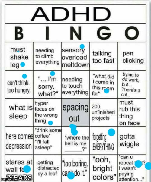 adhd bingo | YEARS | image tagged in adhd bingo | made w/ Imgflip meme maker