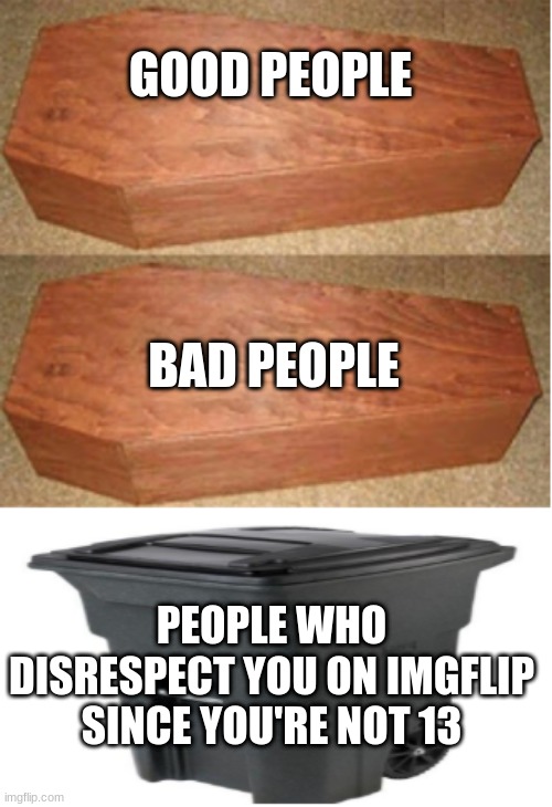 i'm now 13 | GOOD PEOPLE; BAD PEOPLE; PEOPLE WHO DISRESPECT YOU ON IMGFLIP SINCE YOU'RE NOT 13 | image tagged in rich people poor people trash can edition | made w/ Imgflip meme maker