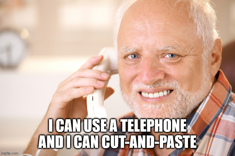 hide the pain harold phone | I CAN USE A TELEPHONE AND I CAN CUT-AND-PASTE | image tagged in hide the pain harold phone | made w/ Imgflip meme maker