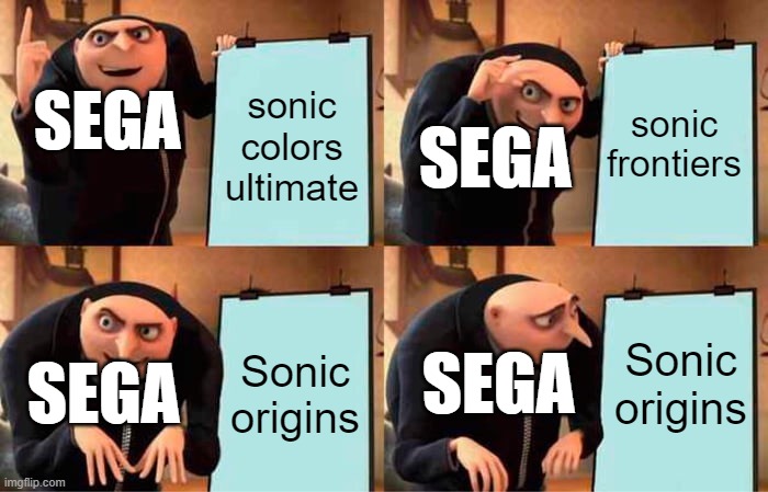 SEGA get your crap together | sonic colors ultimate; sonic frontiers; SEGA; SEGA; Sonic origins; Sonic origins; SEGA; SEGA | image tagged in gru's plan | made w/ Imgflip meme maker
