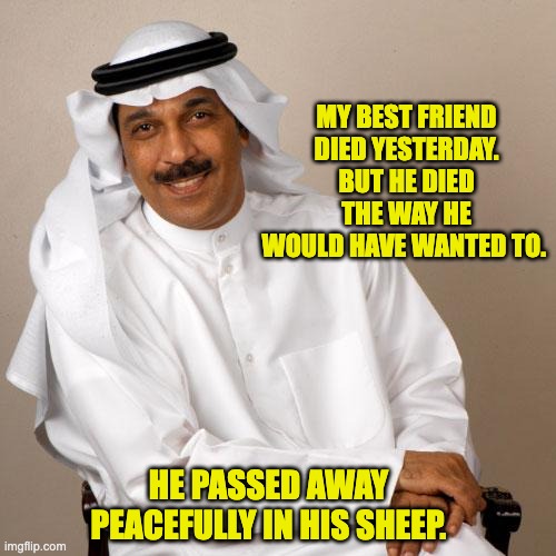 Peacefully | MY BEST FRIEND DIED YESTERDAY. BUT HE DIED THE WAY HE WOULD HAVE WANTED TO. HE PASSED AWAY PEACEFULLY IN HIS SHEEP. | image tagged in arab | made w/ Imgflip meme maker