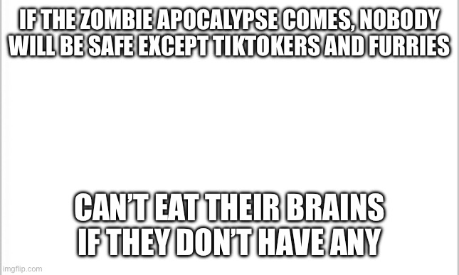 white background | IF THE ZOMBIE APOCALYPSE COMES, NOBODY WILL BE SAFE EXCEPT TIKTOKERS AND FURRIES; CAN’T EAT THEIR BRAINS IF THEY DON’T HAVE ANY | image tagged in white background | made w/ Imgflip meme maker