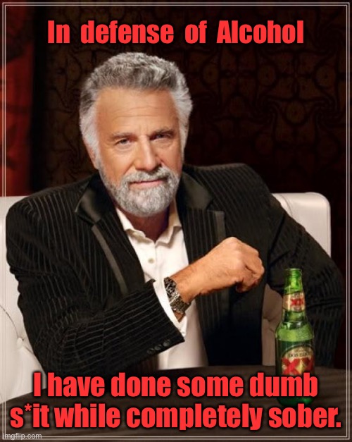 Defending alcohol | In  defense  of  Alcohol; I have done some dumb s*it while completely sober. | image tagged in memes,the most interesting man in the world,defense of alcohol,done some shit,while sober,fun | made w/ Imgflip meme maker