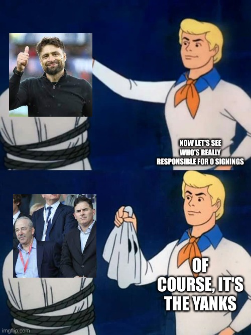 Swansea City | NOW LET'S SEE WHO'S REALLY RESPONSIBLE FOR 0 SIGNINGS; OF COURSE, IT'S THE YANKS | image tagged in scooby doo mask reveal | made w/ Imgflip meme maker