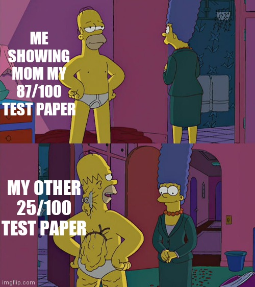 Bruh | ME SHOWING MOM MY 87/100 TEST PAPER; MY OTHER 25/100 TEST PAPER | image tagged in homer simpson's back fat,relatable,funny,mom,bruh | made w/ Imgflip meme maker