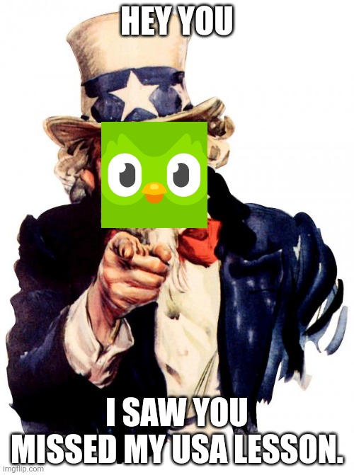 Duolingo Meme | HEY YOU; I SAW YOU MISSED MY USA LESSON. | image tagged in memes,uncle sam,duolingo,duolingo meme | made w/ Imgflip meme maker