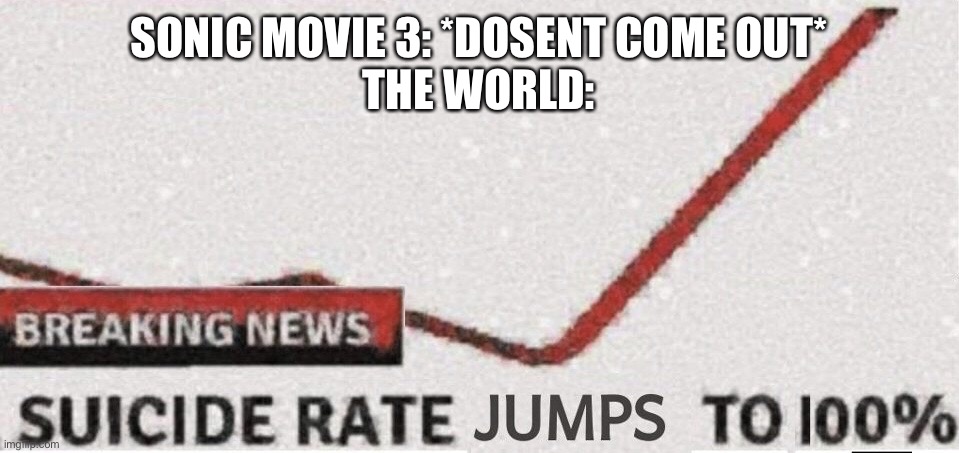 Suicide rate 100% | SONIC MOVIE 3: *DOSENT COME OUT*
THE WORLD: | image tagged in suicide rate 100 | made w/ Imgflip meme maker
