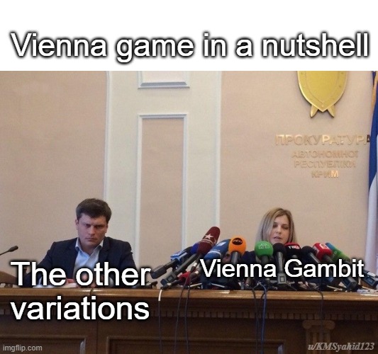 Funny chess | Vienna game in a nutshell; Vienna Gambit; The other variations; u/KMSyahid123 | image tagged in reporter meme | made w/ Imgflip meme maker