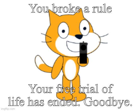 Rule 3- | You broke a rule; Your free trial of life has ended. Goodbye. | image tagged in scratch cat gun,scratch | made w/ Imgflip meme maker