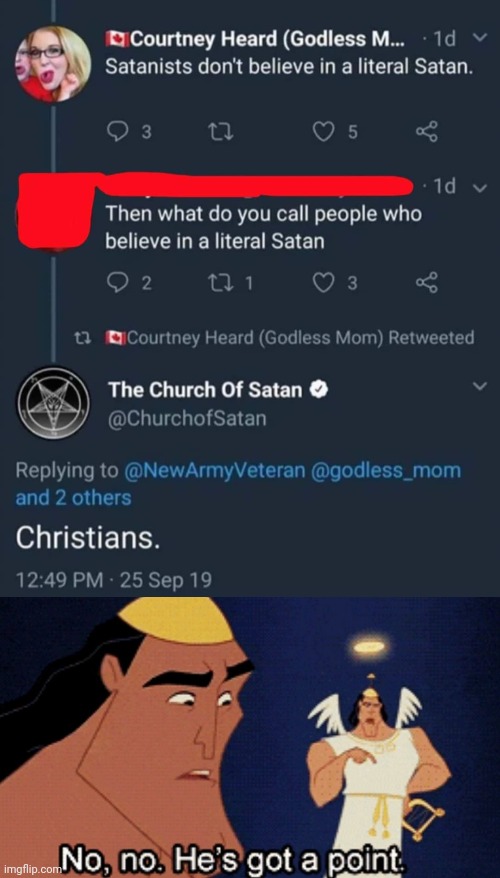 image tagged in no he has a point,satan,god,jesus | made w/ Imgflip meme maker