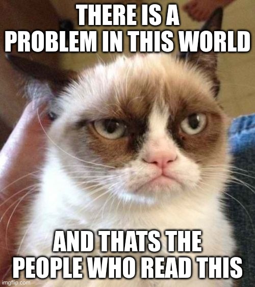 Cat with problems | THERE IS A PROBLEM IN THIS WORLD; AND THATS THE PEOPLE WHO READ THIS | image tagged in memes,grumpy cat reverse,grumpy cat,fun,cat | made w/ Imgflip meme maker