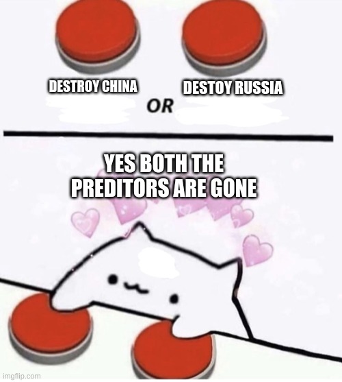 Bye world problems | DESTROY CHINA; DESTOY RUSSIA; YES BOTH THE PREDITORS ARE GONE | image tagged in cat pressing two buttons,haha | made w/ Imgflip meme maker