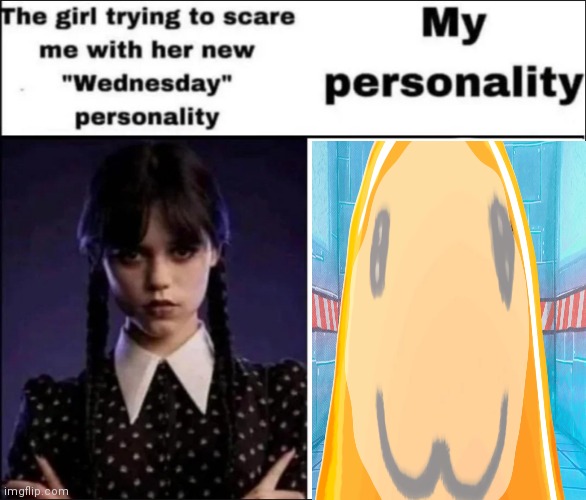 The girl trying to scare me with her new Wednesday personality | image tagged in the girl trying to scare me with her new wednesday personality | made w/ Imgflip meme maker
