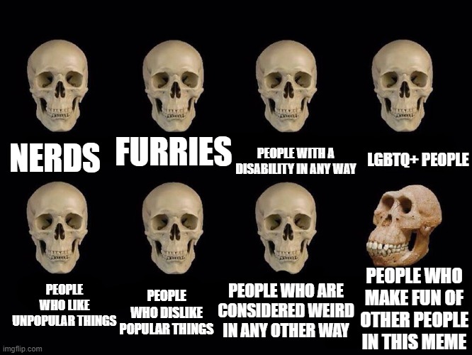 empty skulls of truth | NERDS; PEOPLE WITH A DISABILITY IN ANY WAY; FURRIES; LGBTQ+ PEOPLE; PEOPLE WHO MAKE FUN OF OTHER PEOPLE IN THIS MEME; PEOPLE WHO ARE CONSIDERED WEIRD IN ANY OTHER WAY; PEOPLE WHO LIKE UNPOPULAR THINGS; PEOPLE WHO DISLIKE POPULAR THINGS | image tagged in empty skulls of truth | made w/ Imgflip meme maker