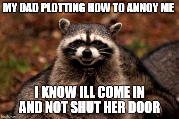 Evil Plotting Raccoon | MY DAD PLOTTING HOW TO ANNOY ME; I KNOW ILL COME IN AND NOT SHUT HER DOOR | image tagged in memes,evil plotting raccoon | made w/ Imgflip meme maker
