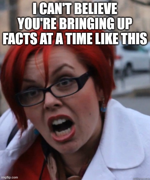 Feminist Face | I CAN'T BELIEVE YOU'RE BRINGING UP FACTS AT A TIME LIKE THIS | image tagged in feminist face | made w/ Imgflip meme maker