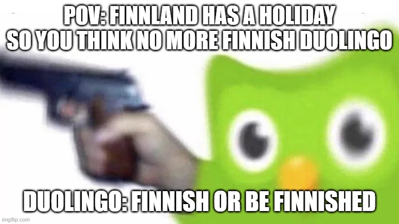 oh gods... | POV: FINNLAND HAS A HOLIDAY SO YOU THINK NO MORE FINNISH DUOLINGO; DUOLINGO: FINNISH OR BE FINNISHED | image tagged in evil duolingo owl | made w/ Imgflip meme maker