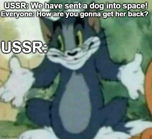 ussr space test in a nutshell | USSR: We have sent a dog into space! Everyone: How are you gonna get her back? USSR: | image tagged in tom i dont know meme | made w/ Imgflip meme maker