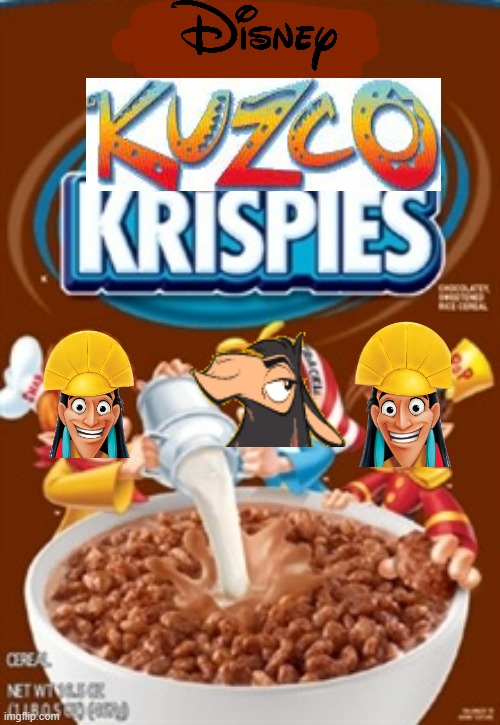 kuzco krispies | image tagged in memes,fake,cereal,disney,the emperor's new groove,kuzco | made w/ Imgflip meme maker