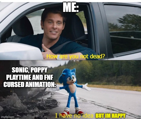 Fr those animation are annoying, | ME:; SONIC, POPPY PLAYTIME AND FNF CURSED ANIMATION:; BUT IM HAPPY | image tagged in sonic how are you not dead | made w/ Imgflip meme maker
