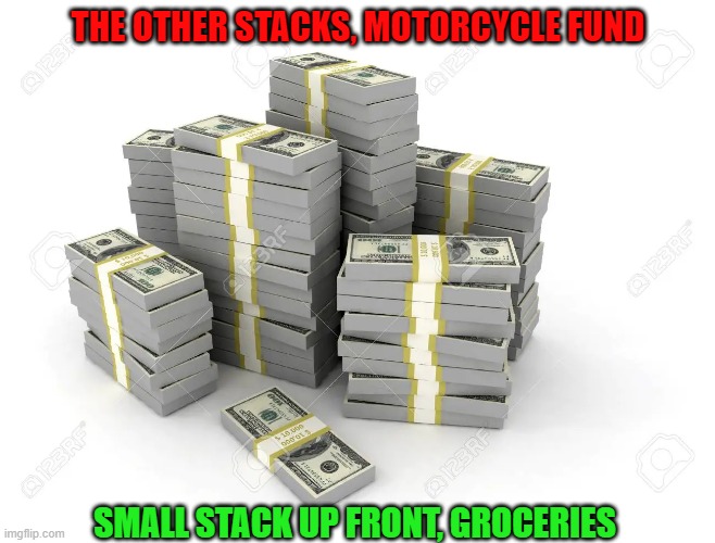 MOTORCYCLE FUND | THE OTHER STACKS, MOTORCYCLE FUND; SMALL STACK UP FRONT, GROCERIES | image tagged in motorcycle | made w/ Imgflip meme maker