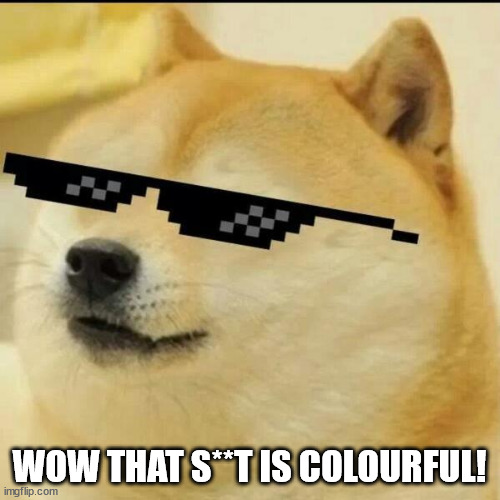 Sunglass Doge | WOW THAT S**T IS COLOURFUL! | image tagged in sunglass doge | made w/ Imgflip meme maker