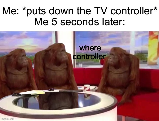So annoying | Me: *puts down the TV controller*
Me 5 seconds later:; where controller | image tagged in where monkey,tv controller,memes,relatable,annoying | made w/ Imgflip meme maker