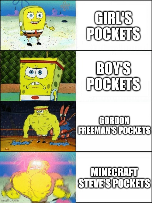 Gordon be carrying 7 guns | GIRL'S POCKETS; BOY'S POCKETS; GORDON FREEMAN'S POCKETS; MINECRAFT STEVE'S POCKETS | image tagged in pie charts | made w/ Imgflip meme maker