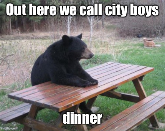 Bad Luck Bear Meme | Out here we call city boys dinner | image tagged in memes,bad luck bear | made w/ Imgflip meme maker