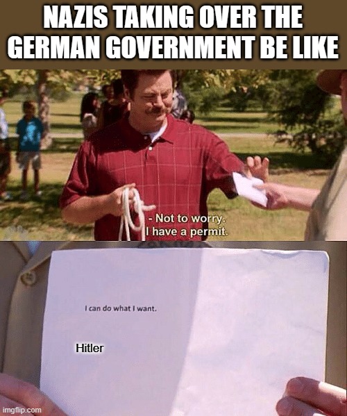 Not to Worry, I Have a Permit | NAZIS TAKING OVER THE GERMAN GOVERNMENT BE LIKE; Hitler | image tagged in not to worry i have a permit,nazis,hitler | made w/ Imgflip meme maker