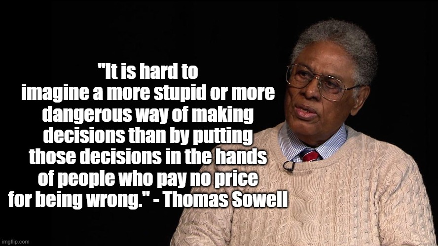 Those who pay no price | "It is hard to imagine a more stupid or more dangerous way of making decisions than by putting those decisions in the hands of people who pay no price for being wrong." - Thomas Sowell | image tagged in thomas sowell,politics | made w/ Imgflip meme maker