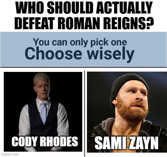 you can pick only one choose wisely | WHO SHOULD ACTUALLY DEFEAT ROMAN REIGNS? SAMI ZAYN; CODY RHODES | image tagged in you can pick only one choose wisely | made w/ Imgflip meme maker