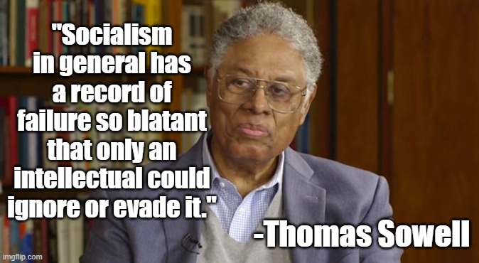 Socialism is failure | "Socialism in general has a record of failure so blatant that only an intellectual could ignore or evade it."; -Thomas Sowell | image tagged in thomas sowell,politics,socialism | made w/ Imgflip meme maker