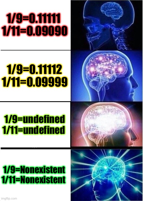 Repeating Decimals Meme 1 | 1/9=0.11111 
1/11=0.09090; 1/9=0.11112
1/11=0.09999; 1/9=undefined
1/11=undefined; 1/9=Nonexistent
1/11=Nonexistent | image tagged in memes,expanding brain | made w/ Imgflip meme maker