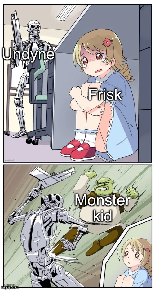 Title | Undyne; Frisk; Monster kid | image tagged in shrek killing terminator | made w/ Imgflip meme maker