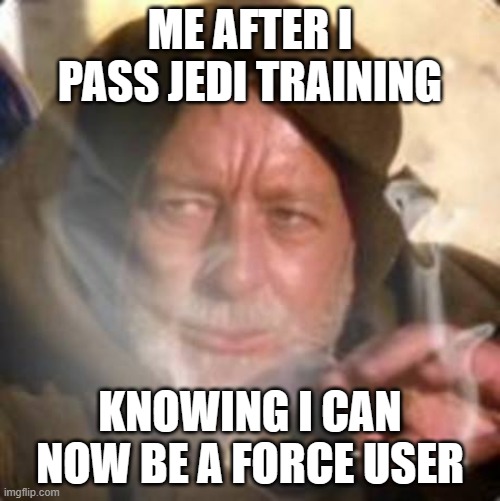Just passed Jedi training school | ME AFTER I PASS JEDI TRAINING; KNOWING I CAN NOW BE A FORCE USER | image tagged in obiwan star wars joint smoking weed | made w/ Imgflip meme maker