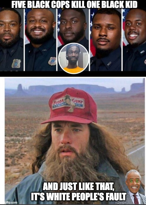 Sorry, Al, I'm not following your argument. | FIVE BLACK COPS KILL ONE BLACK KID; AND JUST LIKE THAT, IT'S WHITE PEOPLE'S FAULT | image tagged in and just like that | made w/ Imgflip meme maker