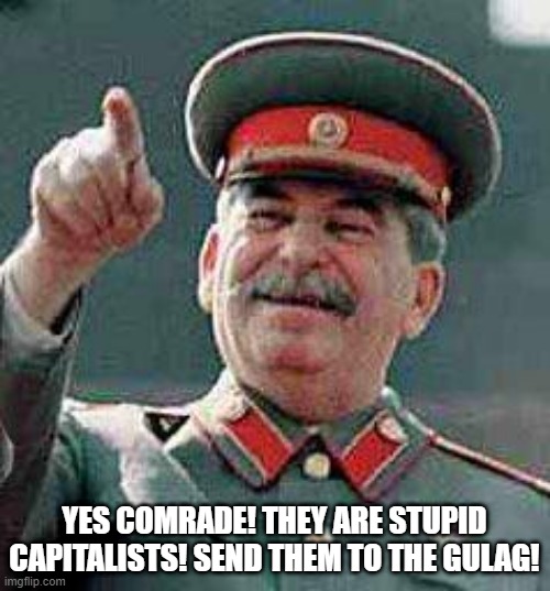 Stalin says | YES COMRADE! THEY ARE STUPID CAPITALISTS! SEND THEM TO THE GULAG! | image tagged in stalin says | made w/ Imgflip meme maker