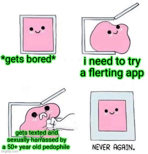 has happened to me :( | *gets bored*; i need to try a flerting app; gets texted and sexually harrassed by a 50+ year old pedophile | image tagged in never again | made w/ Imgflip meme maker