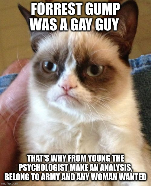 wanted | FORREST GUMP WAS A GAY GUY; THAT'S WHY FROM YOUNG THE PSYCHOLOGIST MAKE AN ANALYSIS, BELONG TO ARMY AND ANY WOMAN WANTED | image tagged in memes,grumpy cat | made w/ Imgflip meme maker