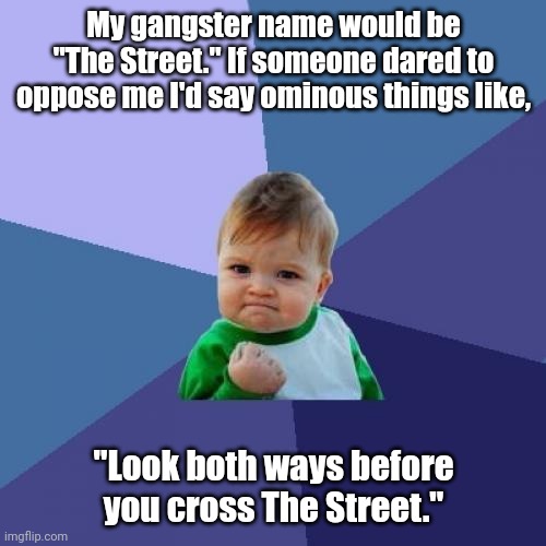 Watch out. | My gangster name would be "The Street." If someone dared to oppose me I'd say ominous things like, "Look both ways before you cross The Street." | image tagged in memes,success kid,funny | made w/ Imgflip meme maker