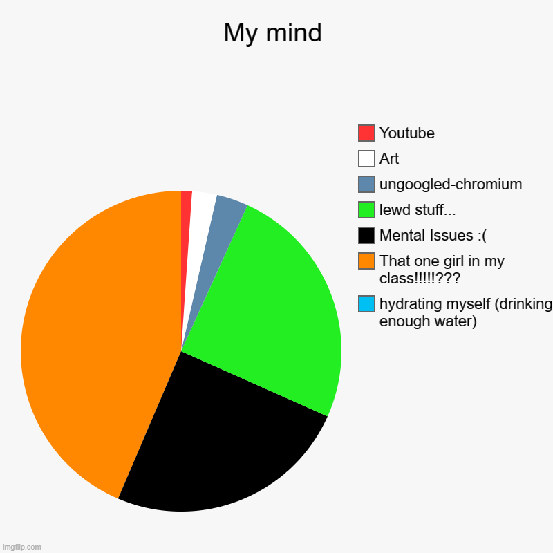 I cant stop thinking about her wth!!!!!?? | My mind | hydrating myself (drinking enough water), That one girl in my class!!!!!???, Mental Issues :(, lewd stuff..., ungoogled-chromium,  | image tagged in charts,pie charts,thoughts,funny,weird,real life | made w/ Imgflip chart maker