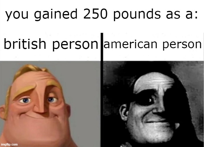 perhaps | you gained 250 pounds as a:; british person; american person | image tagged in teacher's copy,british,america,memes | made w/ Imgflip meme maker