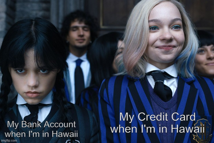 Wednesday and Enid | My Credit Card when I'm in Hawaii; My Bank Account when I'm in Hawaii | image tagged in wednesday and enid | made w/ Imgflip meme maker