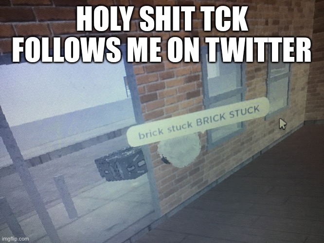 Brick stuck | HOLY SHIT TCK FOLLOWS ME ON TWITTER | image tagged in brick stuck | made w/ Imgflip meme maker