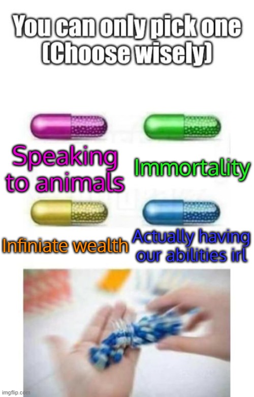 It'll be fun as fuck, but we would HAVE to keep it entierly a secret, which would suck | Immortality; Speaking to animals; Infiniate wealth; Actually having our abilities irl | image tagged in choose wisely | made w/ Imgflip meme maker