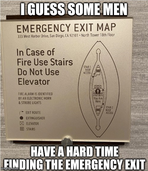 Emergency exit | I GUESS SOME MEN; HAVE A HARD TIME FINDING THE EMERGENCY EXIT | image tagged in emergency exit | made w/ Imgflip meme maker