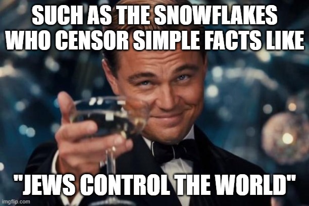 Leonardo Dicaprio Cheers Meme | SUCH AS THE SNOWFLAKES WHO CENSOR SIMPLE FACTS LIKE "JEWS CONTROL THE WORLD" | image tagged in memes,leonardo dicaprio cheers | made w/ Imgflip meme maker