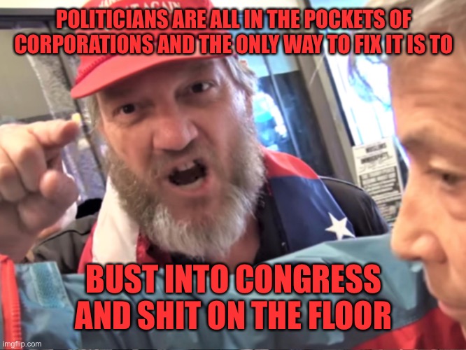 Angry Trump Supporter | POLITICIANS ARE ALL IN THE POCKETS OF CORPORATIONS AND THE ONLY WAY TO FIX IT IS TO BUST INTO CONGRESS AND SHIT ON THE FLOOR | image tagged in angry trump supporter | made w/ Imgflip meme maker