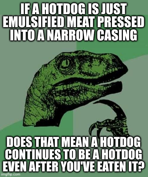 And what if you eat a hotdog and then something else eats you? | IF A HOTDOG IS JUST
EMULSIFIED MEAT PRESSED
INTO A NARROW CASING; DOES THAT MEAN A HOTDOG CONTINUES TO BE A HOTDOG EVEN AFTER YOU'VE EATEN IT? | image tagged in memes,philosoraptor | made w/ Imgflip meme maker